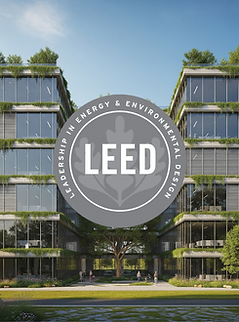 Imagem de um prédio moderno com certificação LEED, alinhado à sustentabilidade e eficiência energética.