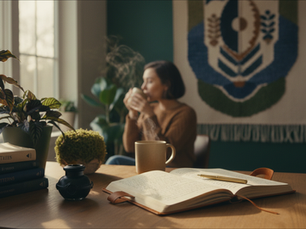 A woman sipping coffee over a desk with an open journal. 