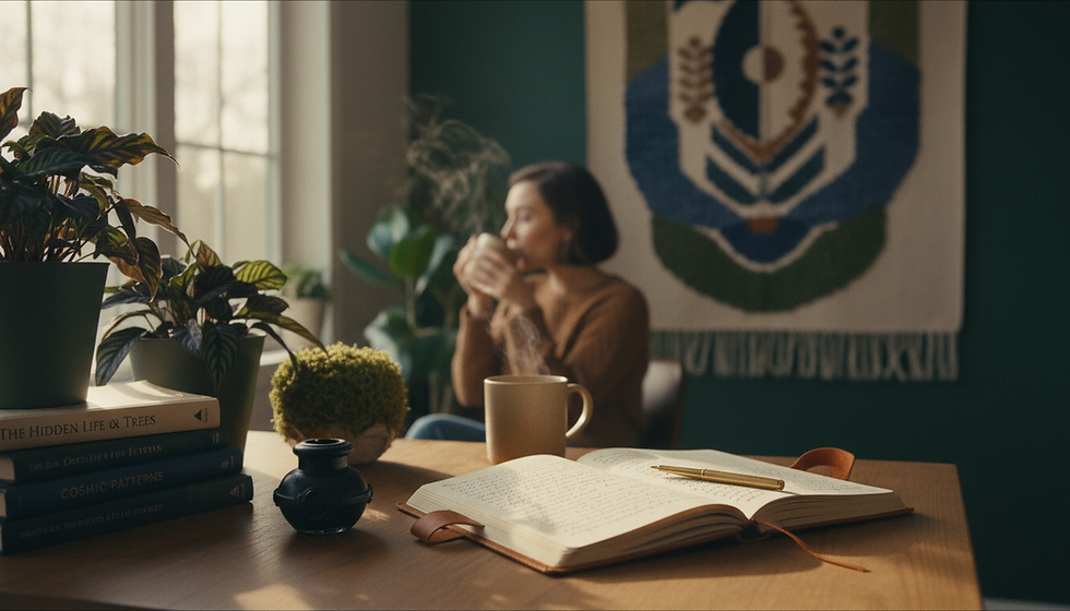 A woman sipping coffee over a desk with an open journal.