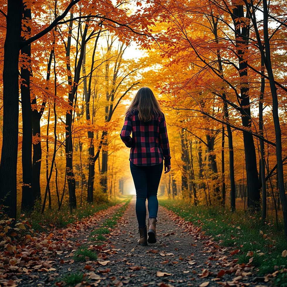 A woman is walking in quiet reflectin amongst the fall leaves in a forest .
