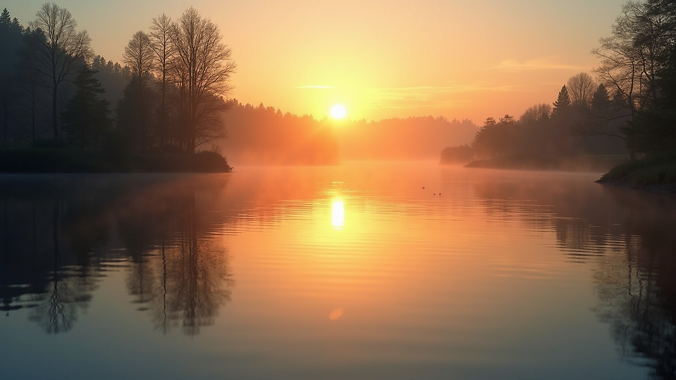 Eye-level view of a calm lake reflecting a sunrise