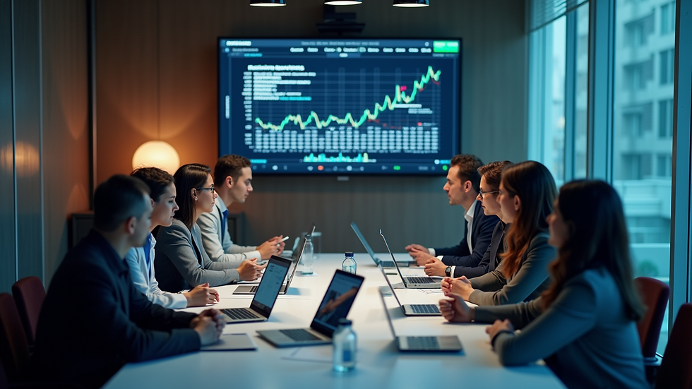 High angle view of technology-focused business meeting where market trends are being discussed