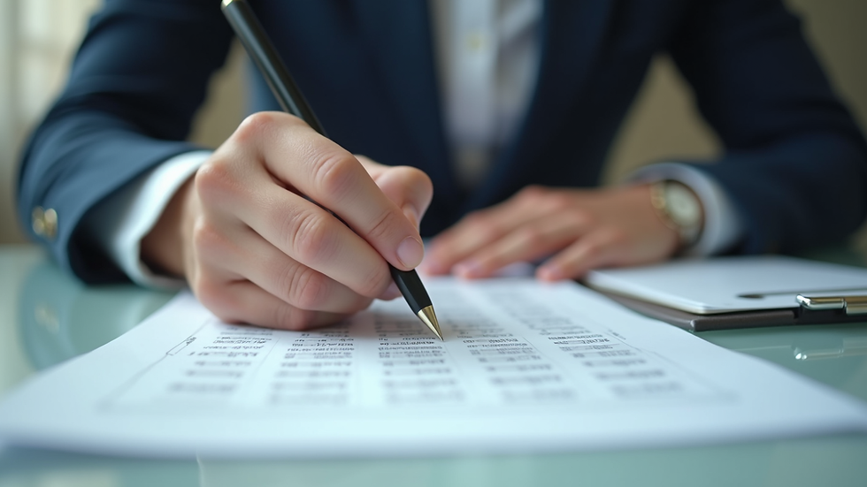 Close-up view of a business person filling out bank forms at a desk