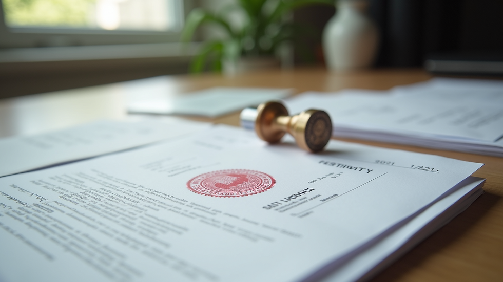 Close-up view of a stack of official documents with a stamp
