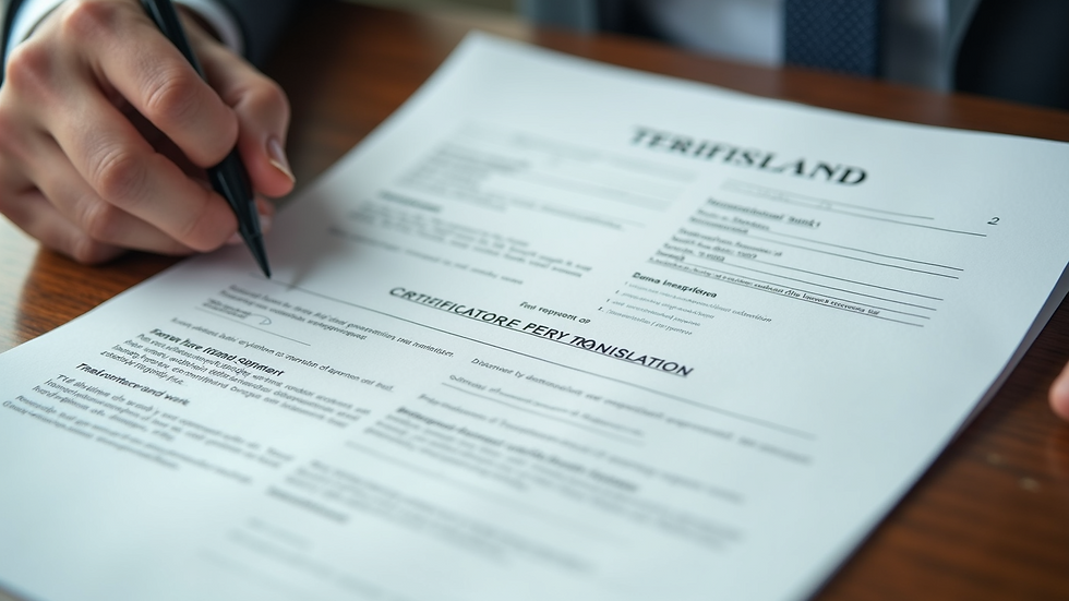 Close-up view of a translator’s certification statement on paper