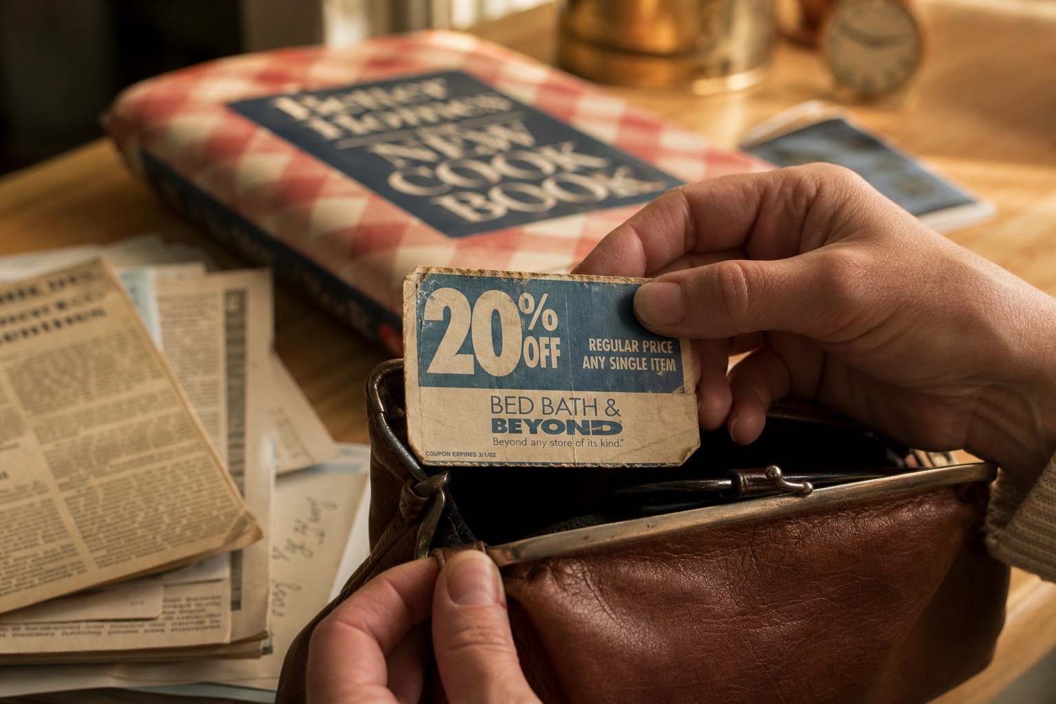 Old Bed Bath and Beyond 20 percent off coupon found in a purse next to a cookbook - nostalgia marketing and trust building