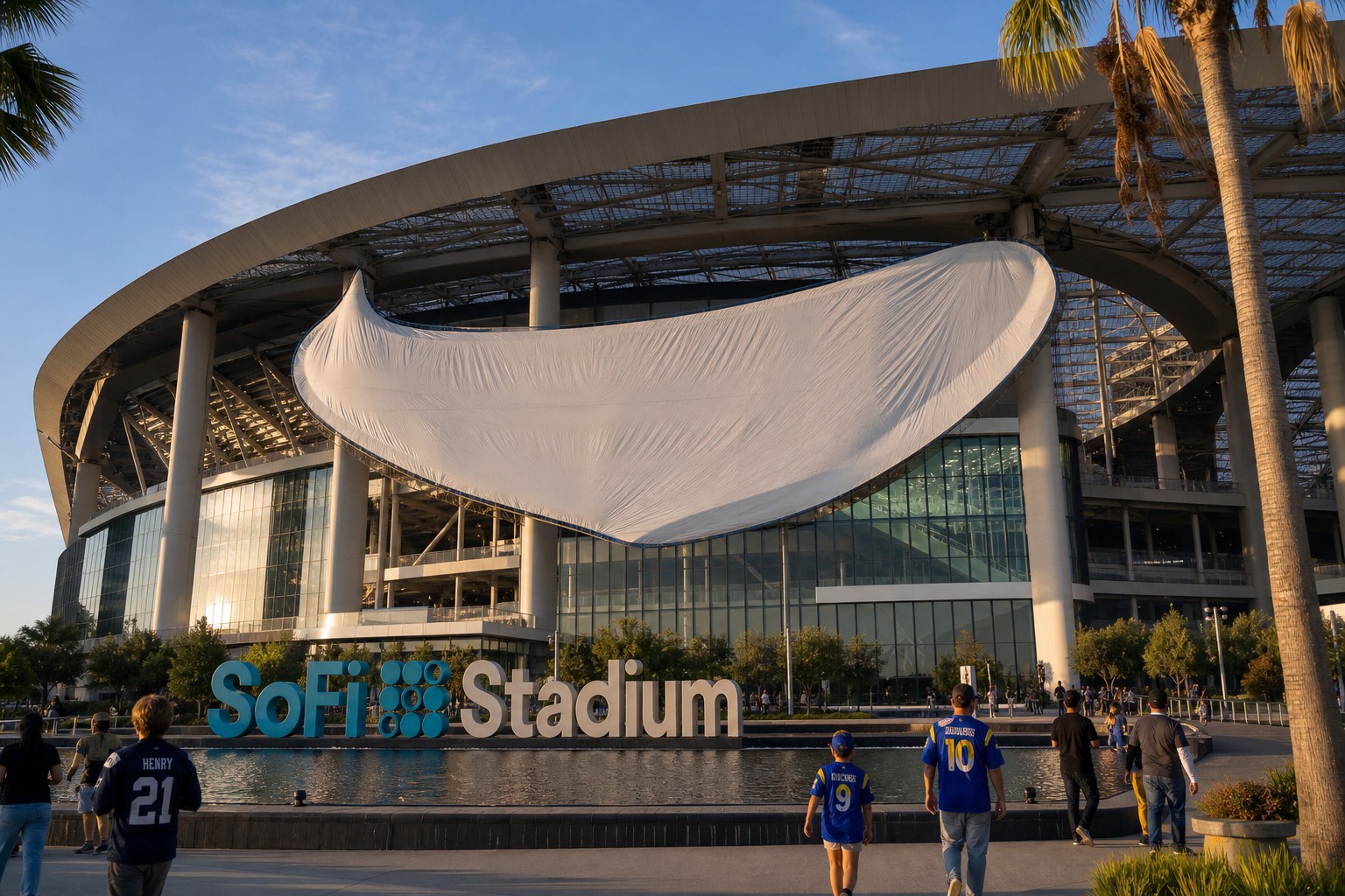 Stadium with brand logo covered by white tarp during FIFA World Cup clean venue policy - adaptive marketing
