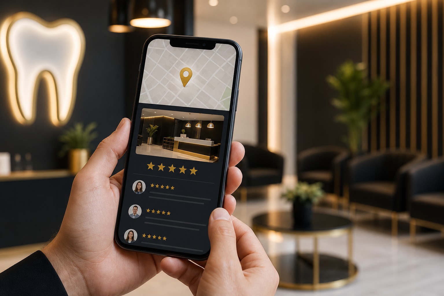 Smartphone displaying Google Maps dental practice listing with 5-star reviews