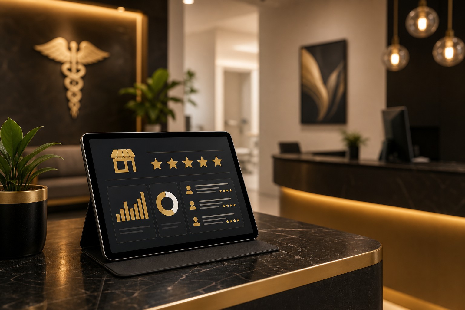 Google Business Profile dashboard on tablet showing review ratings for medical practice local SEO