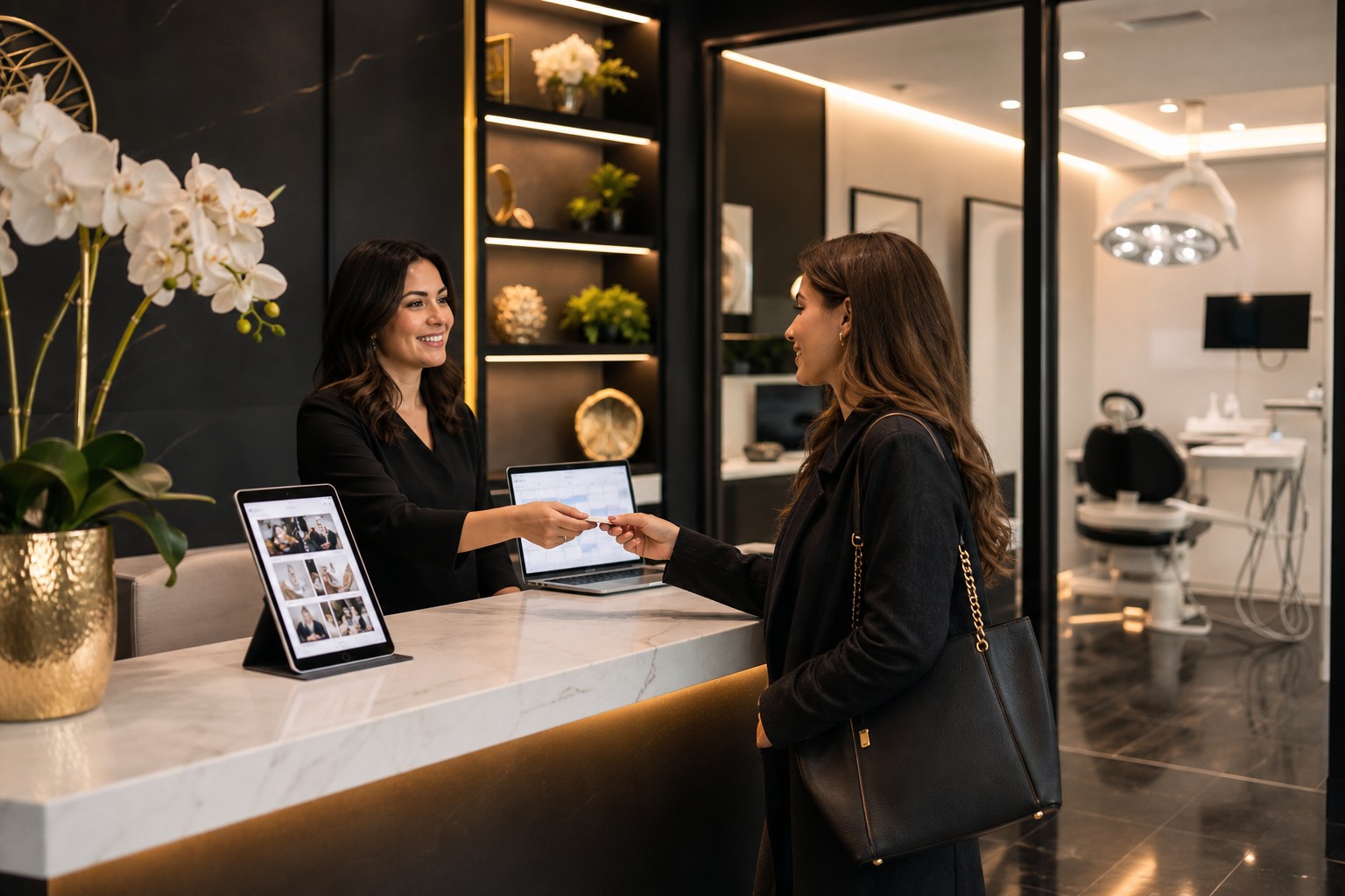Dental office reception with digital booking system and marketing dashboard on display