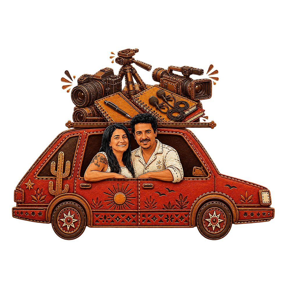 Logo ilustrada do Viralizando o Nordeste com carro, estrada e elementos da cultura nordestina