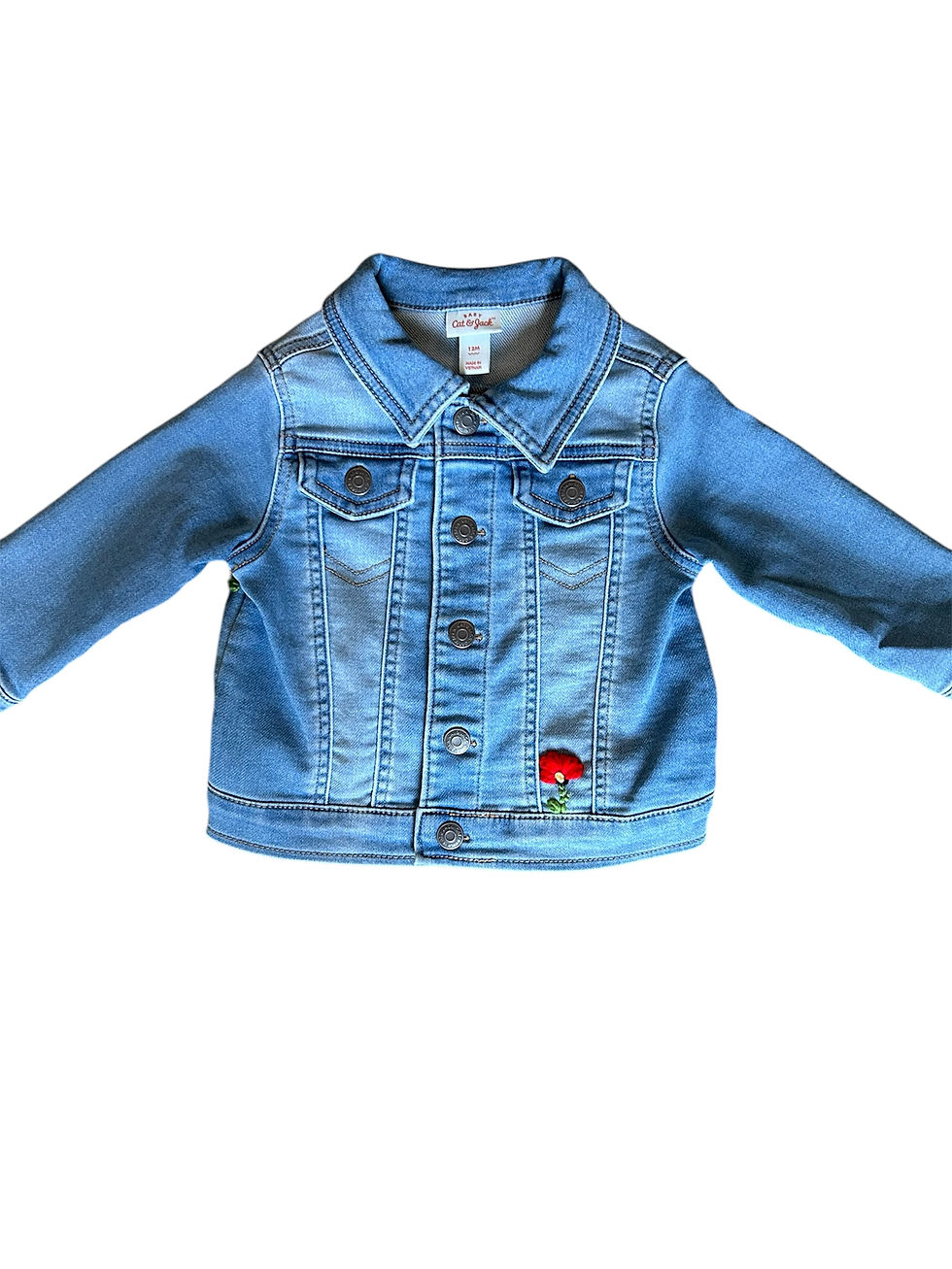 Light blue denim jacket for kids featuring a charming poppy flower embroidery.