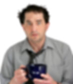 Anxious or wired looking man holding a very large coffee cup