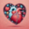 Drawing showing human heart, with arteries, surrounded by cells, pills and capsules