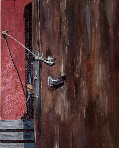 oil painting, contemporary art, everyday life, door, cottage, simple, figurative