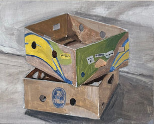 cardboard boxes, painting, banana boxes, trash, oil on board