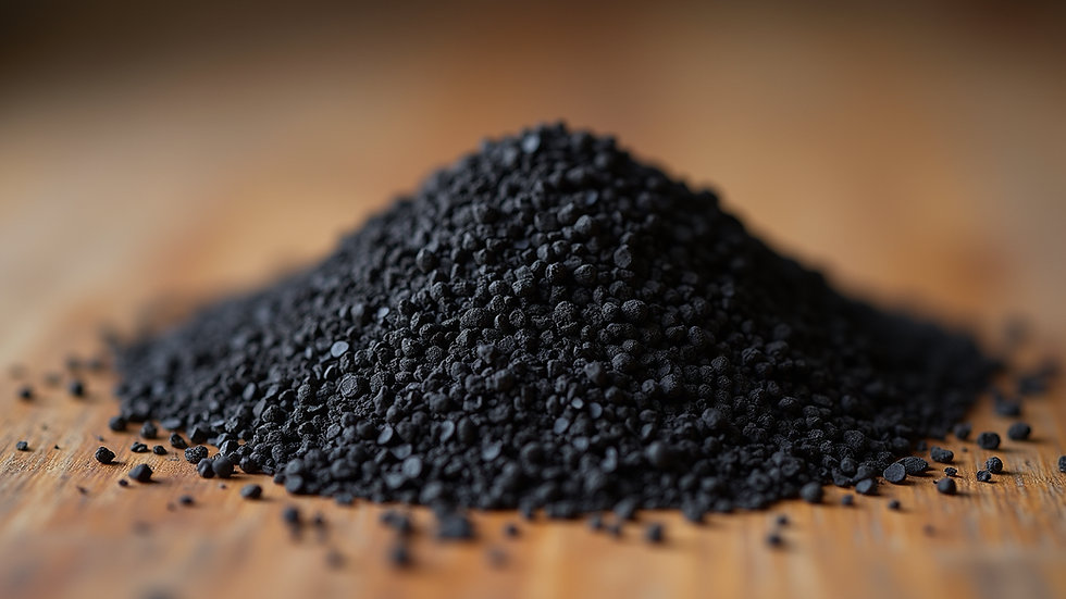 Close-up view of biochar granules on a wooden surface