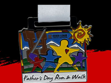 Rectangular medal featuring a stylized figure running beneath a stylized sun.