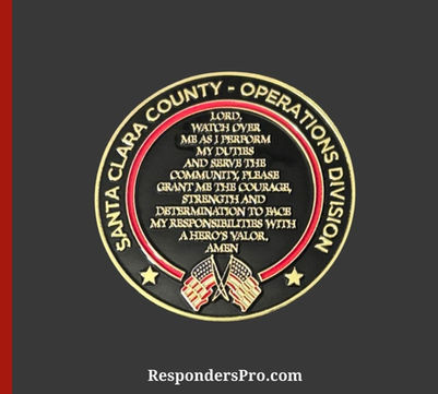 Santa Clara Fire Department challenge coin with gold text on black, featuring the Firefighter’s Prayer and crossed American flags.