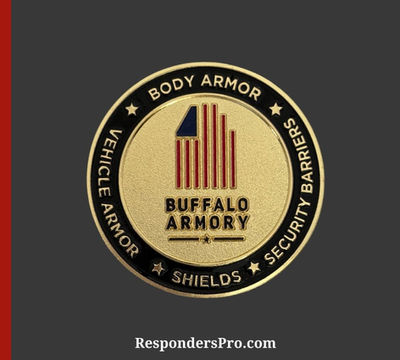 Buffalo Armory challenge coin featuring a gold USA flag design with a bold black border.