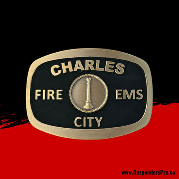 Antique gold rectangular belt buckle with rounded corners and a central gold and black insignia.