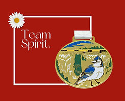 Bright gold round medal with blue jay at front against meadows and rivers.