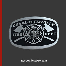 An antique silver, rectangular belt buckle with rounded corners, featuring two crossed fire axes and a Maltese Cross insignia in the center.