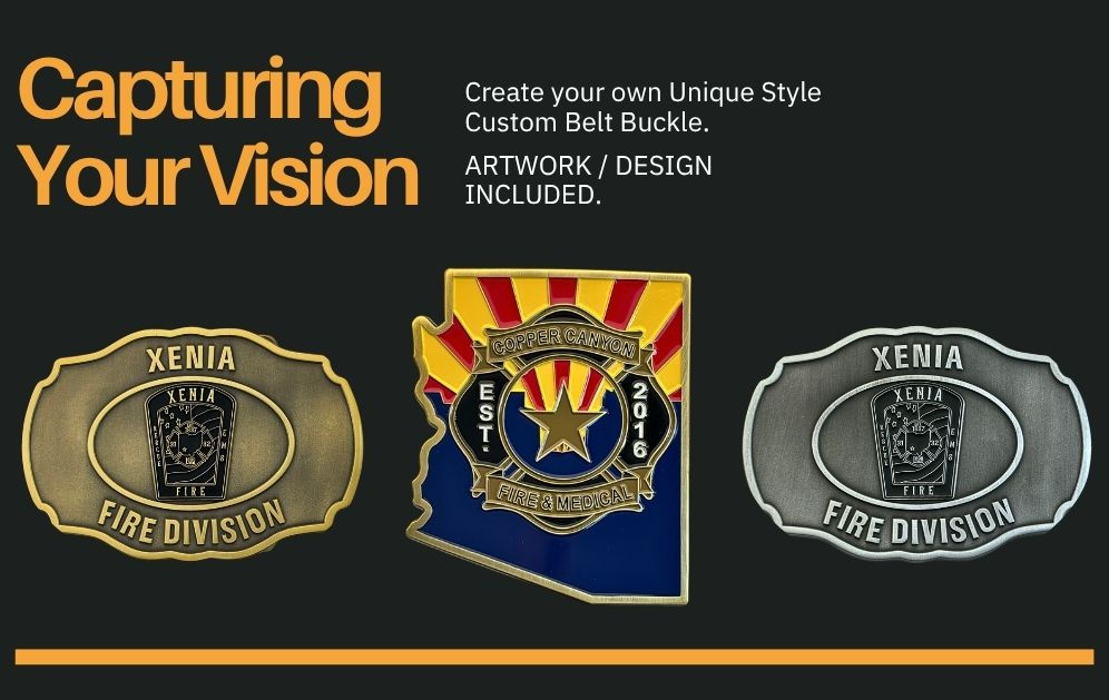 Collage of 3 custom shaped and designed belt buckles with bold colors on deep black.
