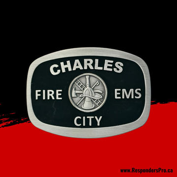 Antique silver rectangular belt buckle with rounded corners and a central gold and black insignia.