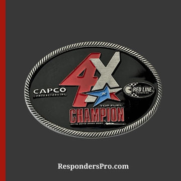 Capco corporate belt buckle with antique silver edging, a bold black background, and a logo in red, silver, and blue.