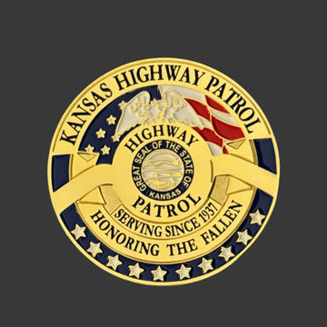 Kansas Highway Patrol Challenge Coins featuring a polished gold finish, vibrant blue and red accents, an eagle emblem, and 12 stars.