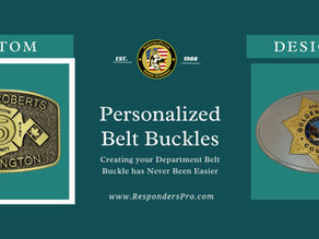 Two custom-designed Belt Buckles for first responder departments, displayed on a deep green background.