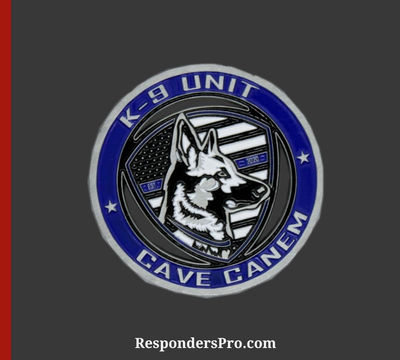 Blue and silver Hellam K9 Challenge Coin featuring an Alsatian police dog over a USA flag design.