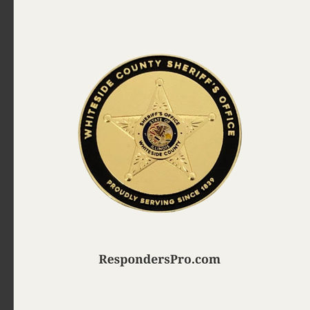 Gold Whiteside County Sheriff Challenge Coin featuring a bold sheriff star and state seal on a textured background.