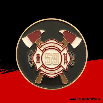 Fire Department challenge coin featuring a Maltese Cross emblem and two crossed fire axes.
