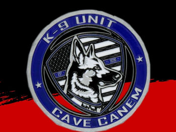 Round challenge coin with police dog against flag with 3 custom cut-outs.
