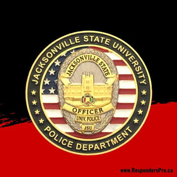 Round police challenge coin featuring a detailed police badge centered on a background of a stylized American flag with blue and white stripes.