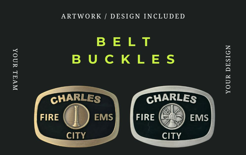 Close up of two fire rescue belt buckle, one in antique gold, the other in antique silver.