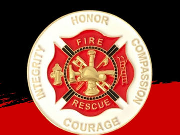Round firefighter challenge coin featuring a bright red and gold Maltese cross on a white background.