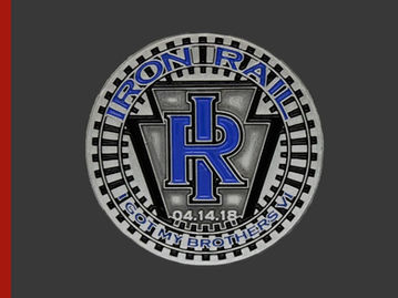 Antique silver Iron Rail custom corporate coin round with blue and silver logo.