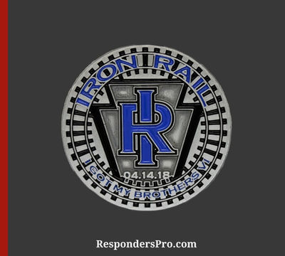 Antique silver Iron Rail custom corporate coin round with blue and silver logo.