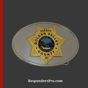 Golden Valley County Sheriff belt buckle with silver and gold dual finish, featuring a gold sheriff star and state seal.
