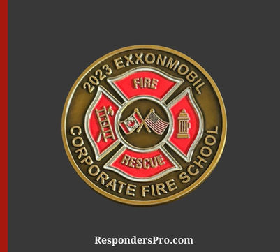 Antique gold ExxonMobil Fire School Challenge Coin with a red and gold Maltese Cross, featuring USA and Canadian flags at the center.