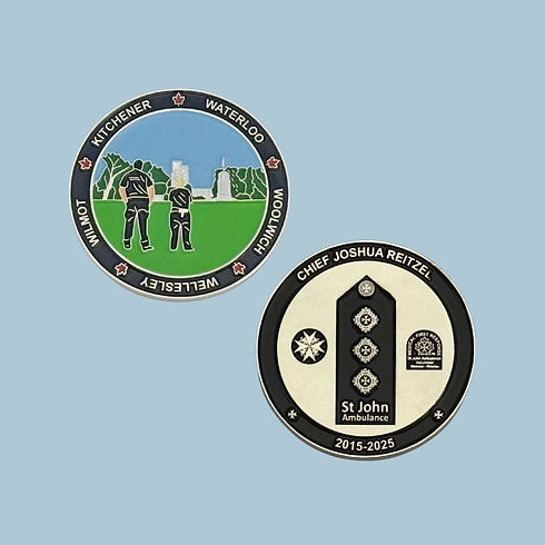 Round challenge coins, one with Canadian parmedics, the other EMS insignia in black on bright silver.