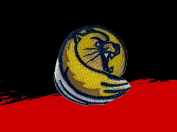 Small embroidered patch featuring a bear design in gold, black, and white.
