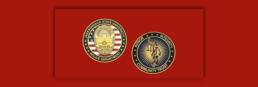 Jacksonville State University Police Department challenge coins with the station building in the background.