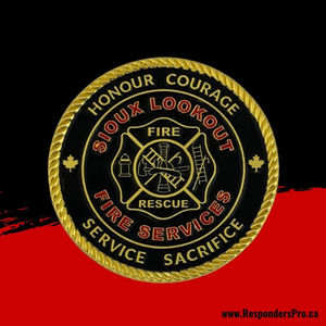 Round challenge coin with gold Maltese Cross on black background and red text.