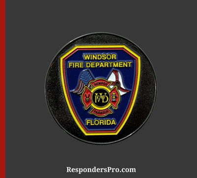 Windsor Fire Department Challenge Coin featuring a bold Maltese Cross and eagle design in red, blue, and white.