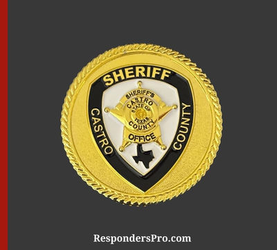 Gold Sheriff Castro County Challenge Coin featuring a black, white, and gold sheriff star emblem.