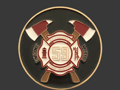 Kennedale Fire Department Challenge Coin featuring fire axes and a bold red and white Maltese Cross design.